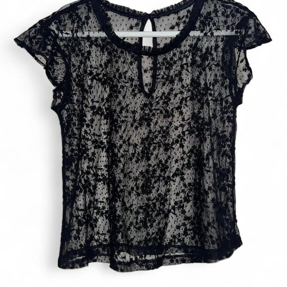 Black Mesh Lace Vintage Short Sleeve Top - Picture 2 of 3